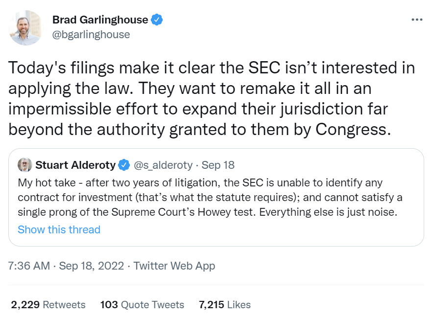 Tweet from Ripple’s CEO, Brad Garlinghouse highlighting SEC’s failure to prove XRP is a security.
