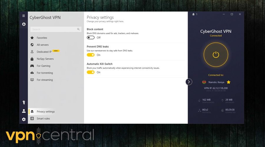 CyberGhost connected to Kenyan server