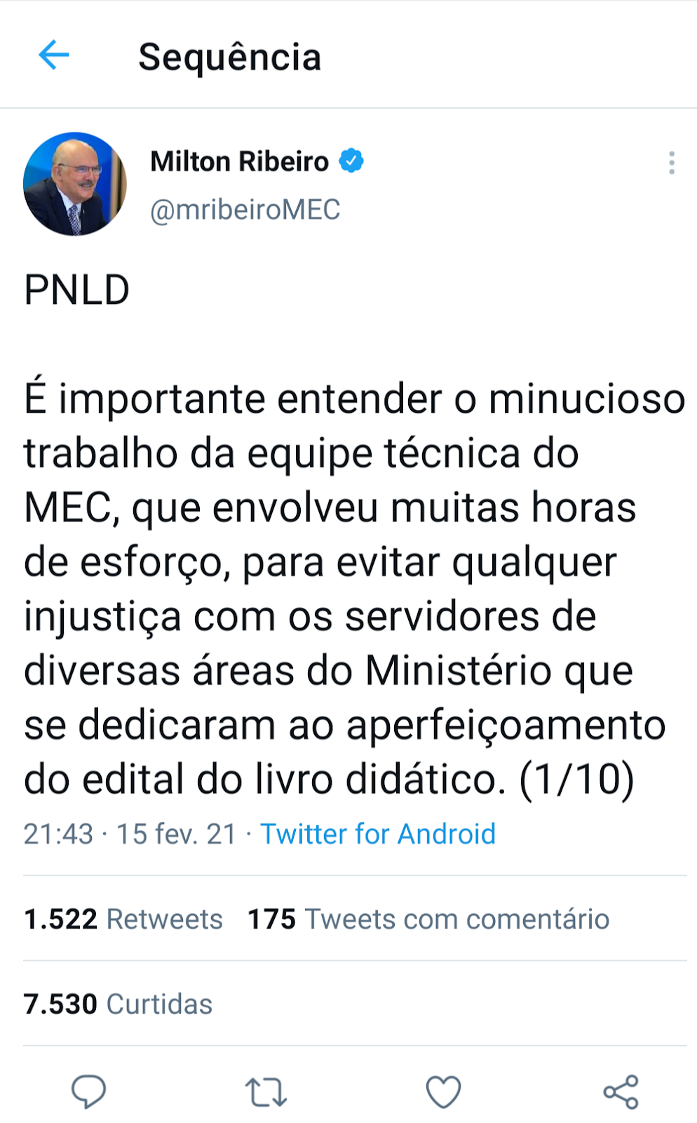 Reprodução do Twitter do Ministro Milton Ribeiro