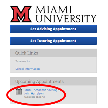 Within SSC-Campus advising appointment scheduling system, students can select the upcoming appointment location and their name to cancel an advising appointment.