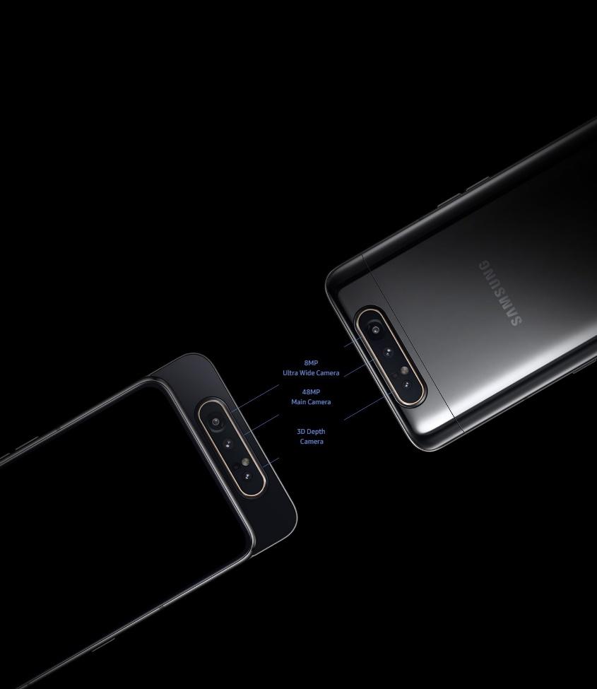 Dua Hp Galaxy A80 ditempatkan bersamaan untuk menampilkan kamera depan dan kamera belakang dengan spek 8MP, 48MP, dan 3D Depth Camera.