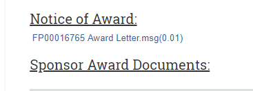 Screenshot of Notice of Award and Sponsor Award Documents sections