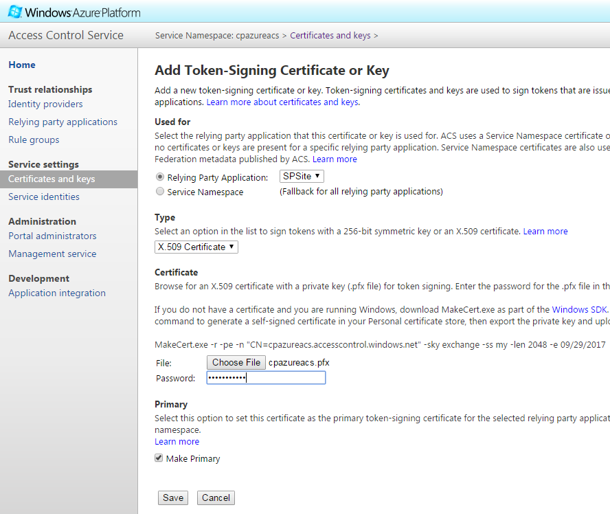 Azure ACS Upload Certificate