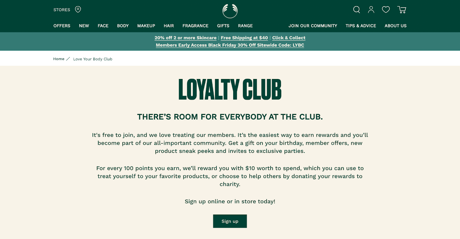 Best loyalty programs 2021 example 2–Screenshot of The Body Shop's rewards program explainer page