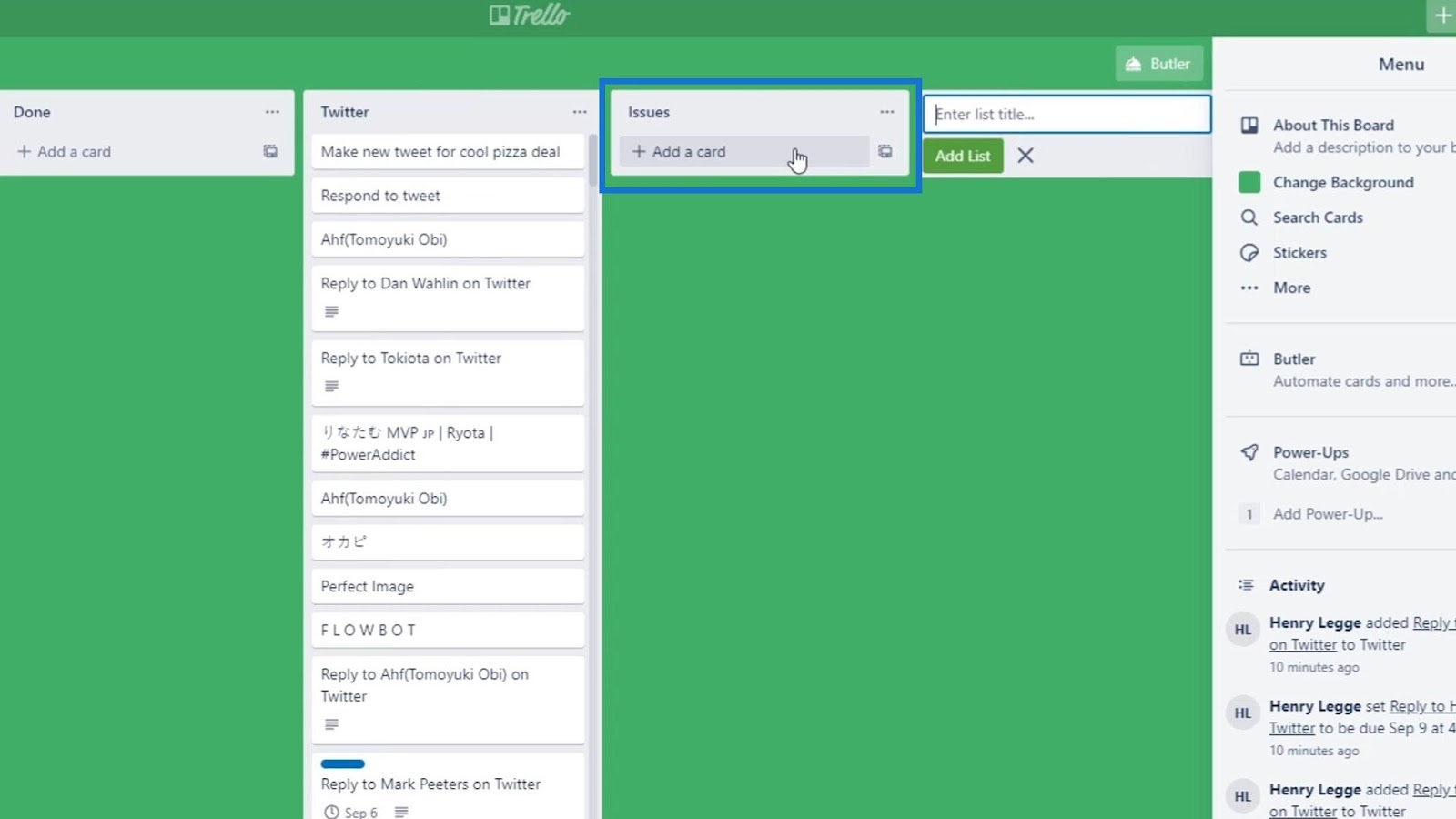 Add a new section in your Trello board and name it "Issues"