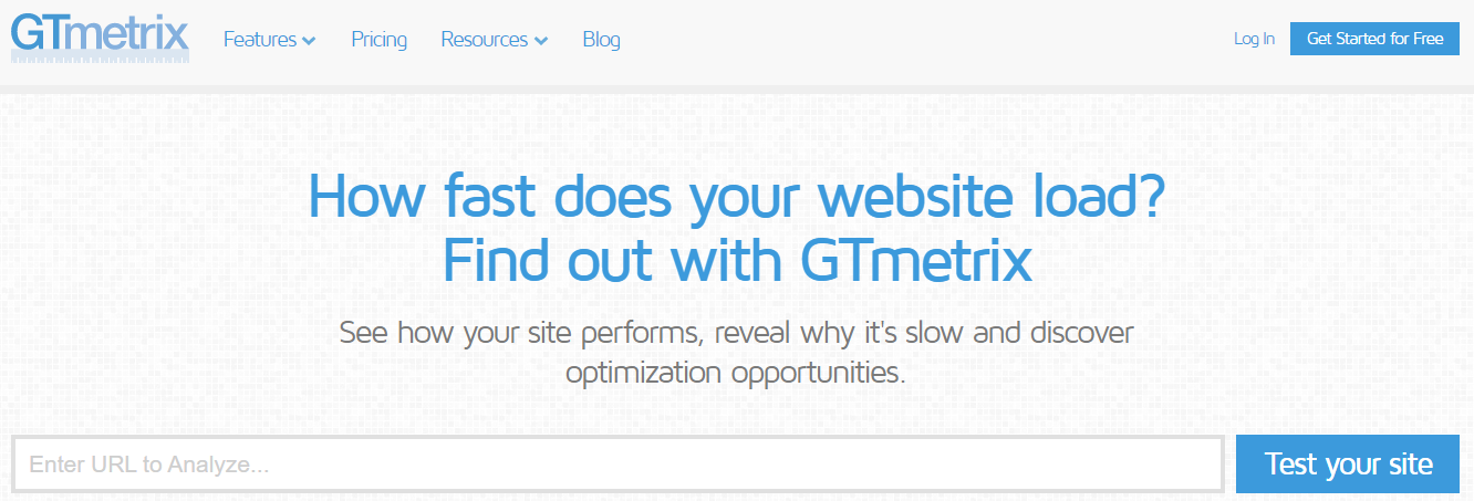 Página inicial do site de teste de velocidade GTmetrix