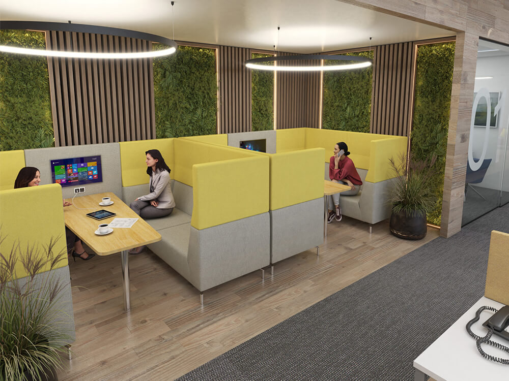 A private pod designed for 2-6 persons, exemplifying the optimisation of space utilisation in financial firms with collaborative workspaces and private areas.