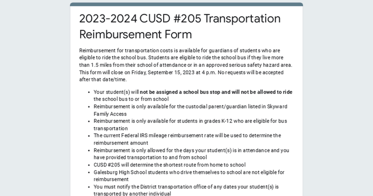 2023-2024 CUSD #205 Transportation Reimbursement Form