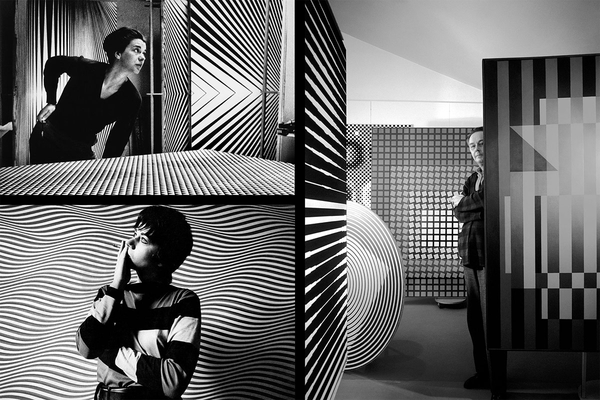 Inspirational mood board for Casa Cardona wines with portraits of Bridget Riley and Victor Vasarely