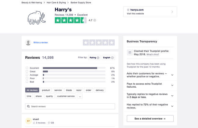 Types of Testimonials: Harry's TrustPilot Peer Review