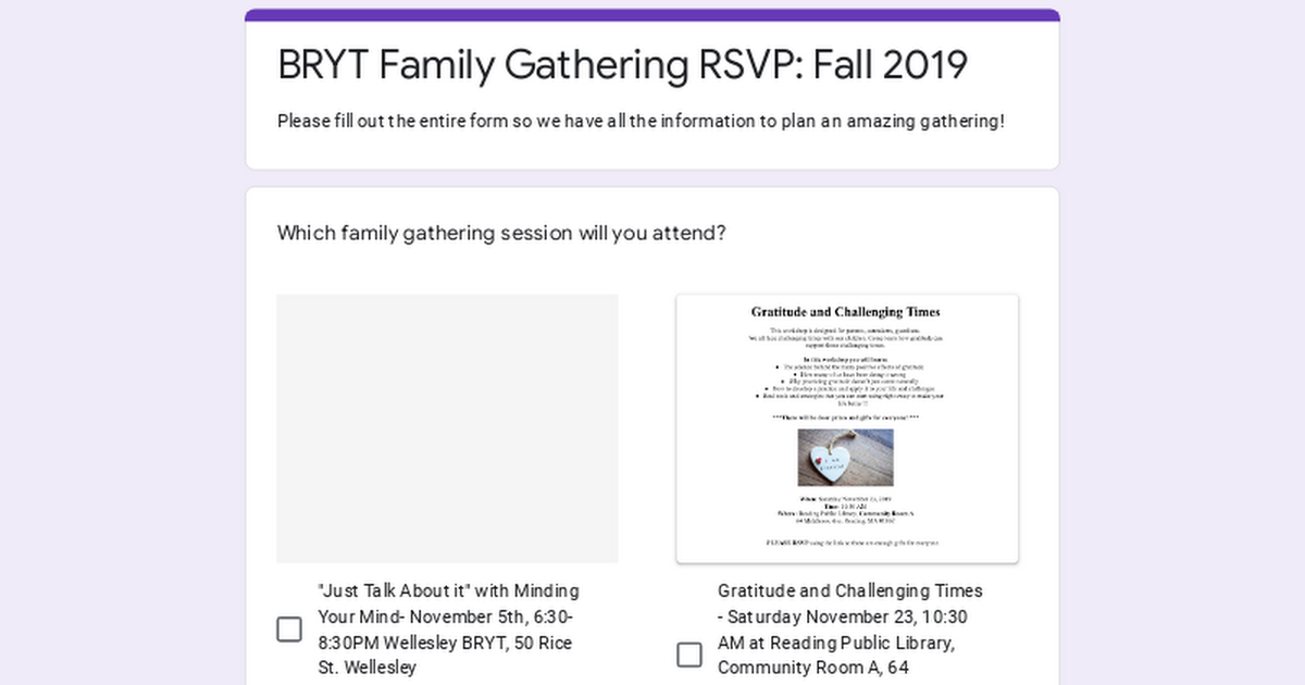 BRYT Family Gathering RSVP: Fall 2019