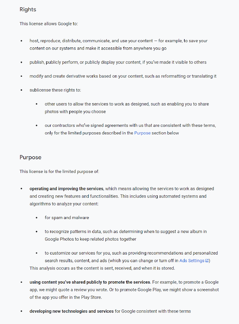 Google terms of services applicable for its translation services
