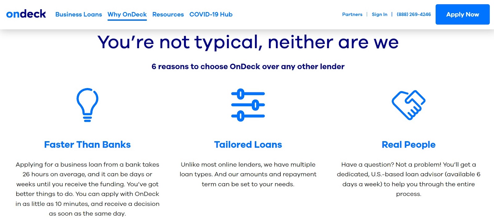 Screenshot of OnDeck benefits for the best small business loans. 