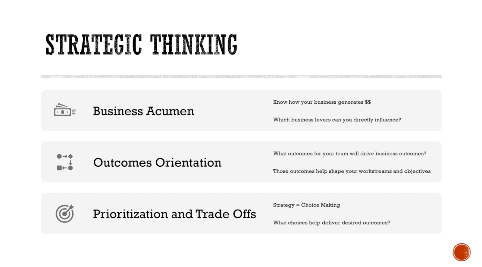 Three core skills of strategic thinking: Business acumen, outcomes orientation, and prioritization and tradeoffs.