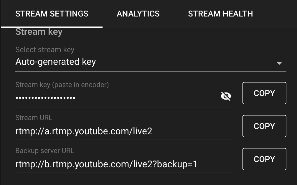 Figure 109.2: stream key and stream URL