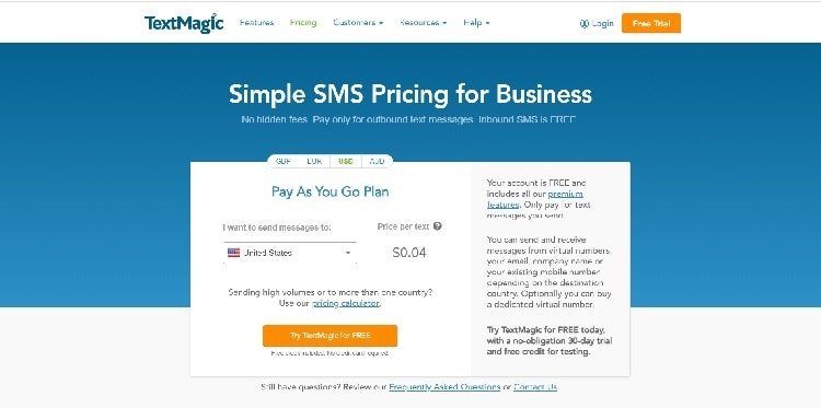 TextMagic Pricing Page