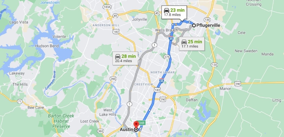 A map showing the distance between Pflugerville, TX, and Austin, TX, and the time it takes to make the trip by car.