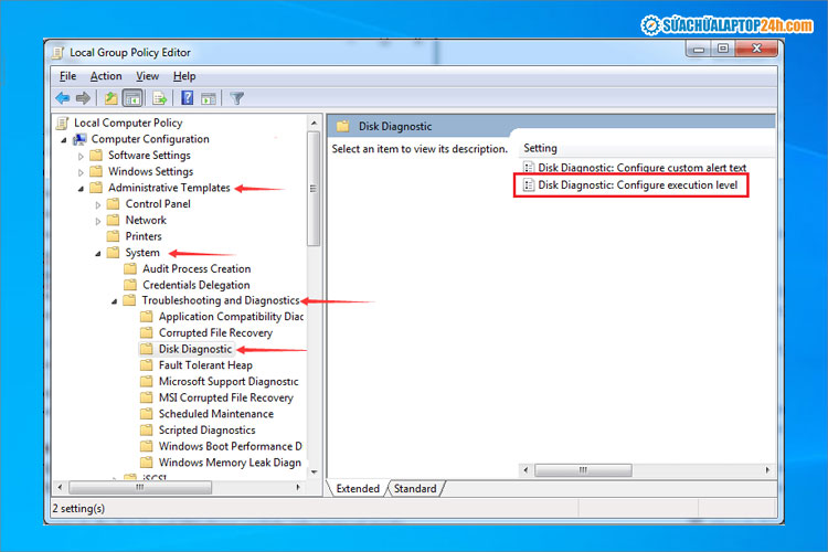 Bên phải cửa sổ bạn chọn Disk Diagnostics: Configure execution level 