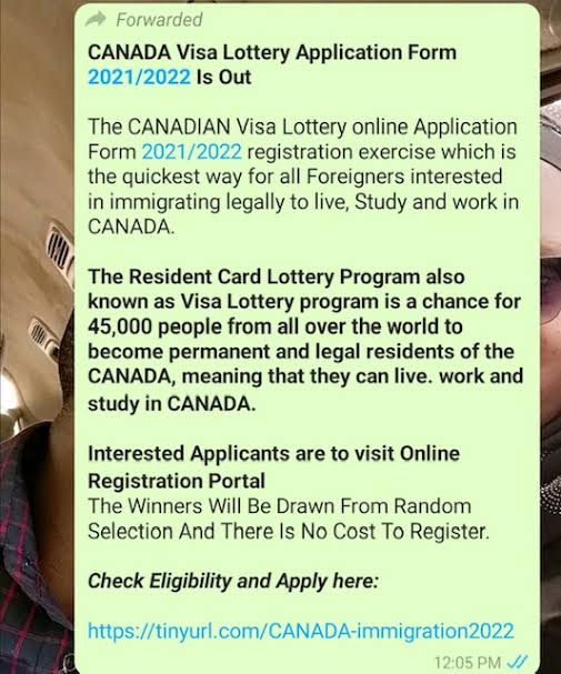 Canadian Visa Lottery Scam Whatsapp Message