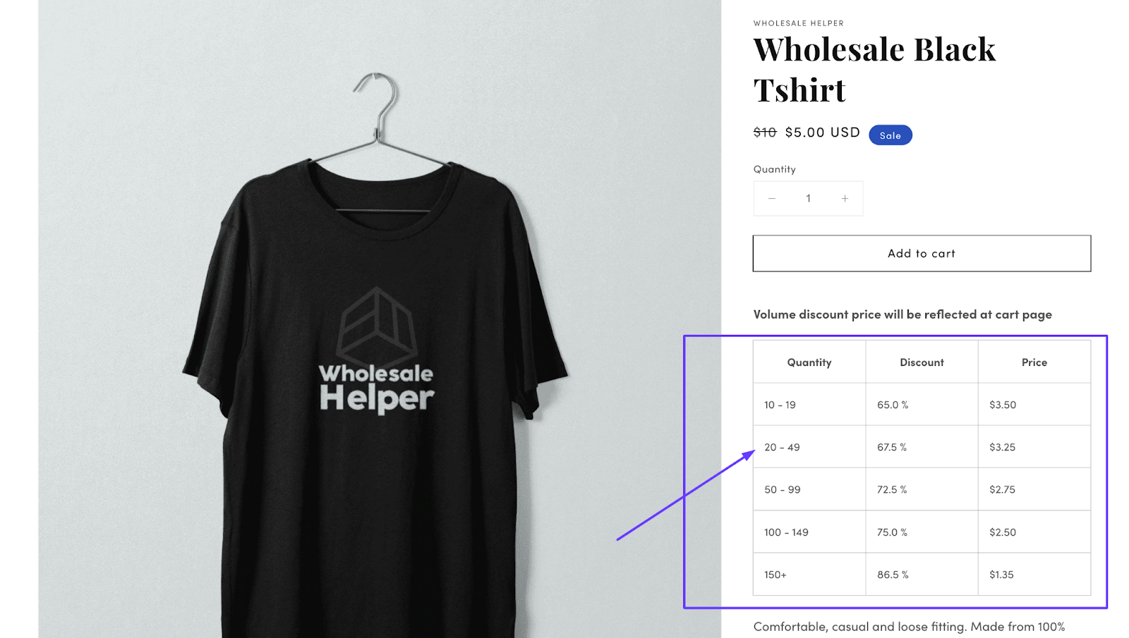 volume discount table in the storefront - shopify b2b wholesale