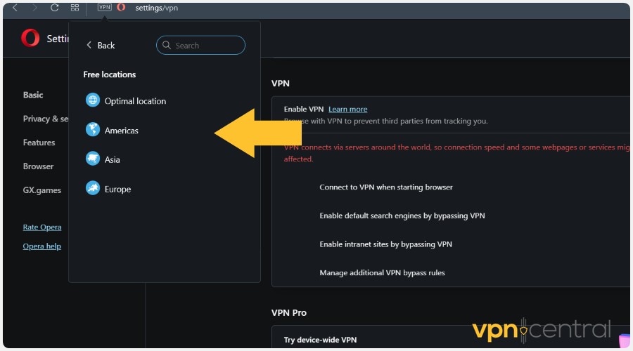 opera browser vpn free locations in the americas
