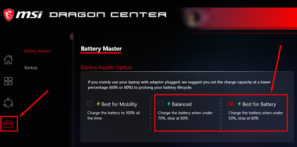 msi battery health option in battery master