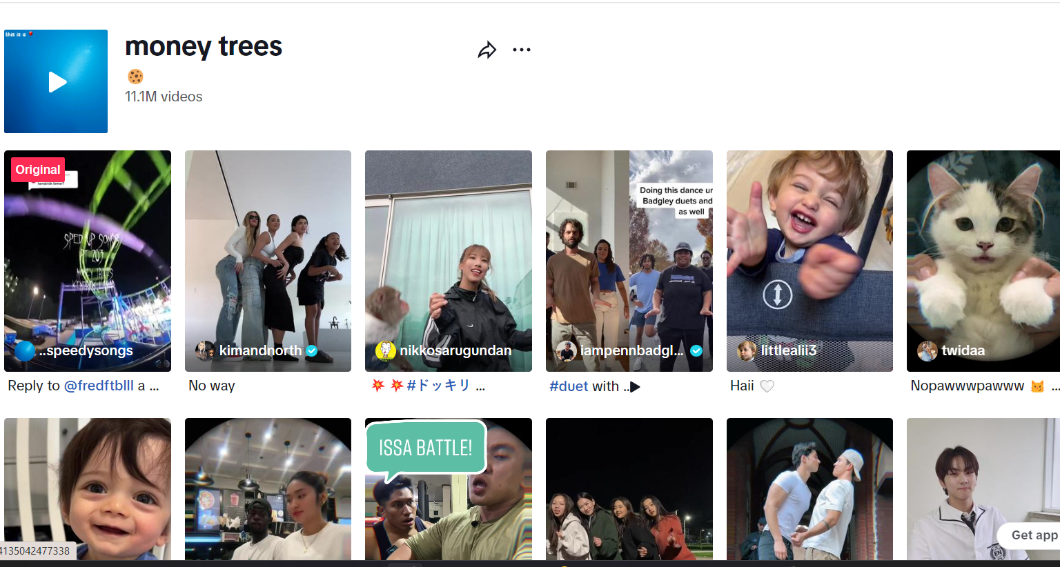 A screenshot of the social media profile of 'money trees' showcasing a series of thumbnails and 11.1M videos