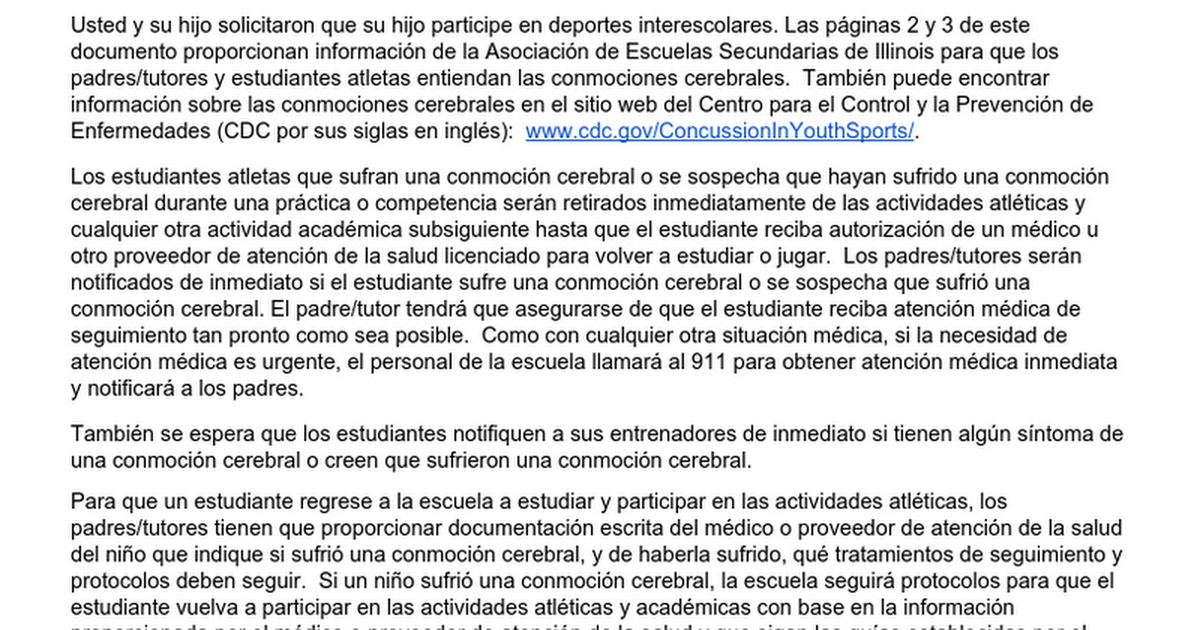 7:305 CCSD21 Concussion Information and Parent/Guardian/Athlete Acknowledgement Form SPANISH