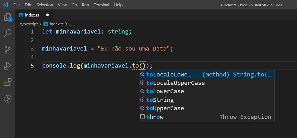 IntelliSense sendo usado pelo TypeScript