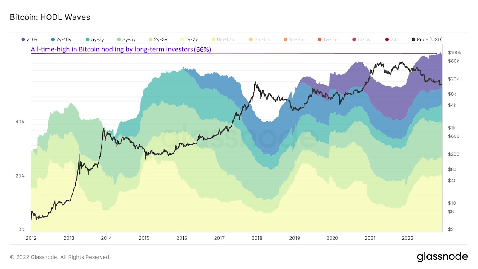 A chart showing the rate of Bitcoin hodling by long term investors from 2012 through 2022.