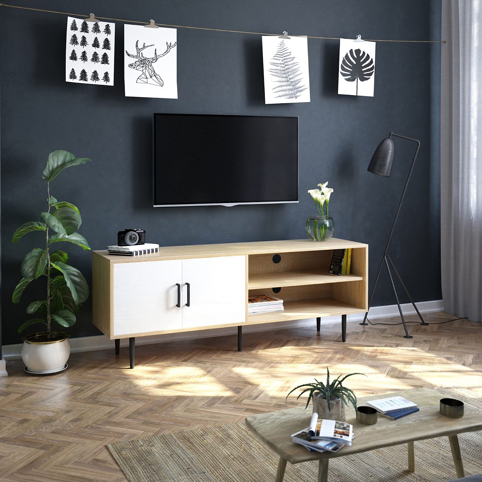 【PROPER SIZE】19.68” H × 15.75” W × 43.31” L. This TV & media furniture fits flat/curved screen TVs up to 50”. The top surface supports up to 132 lbs. 【SELECTED MATERIAL】Made of high-grade chipboard and edges sealed with PVC, the TV console is waterproof and highly resistant to wear, scratch, and corrosion.