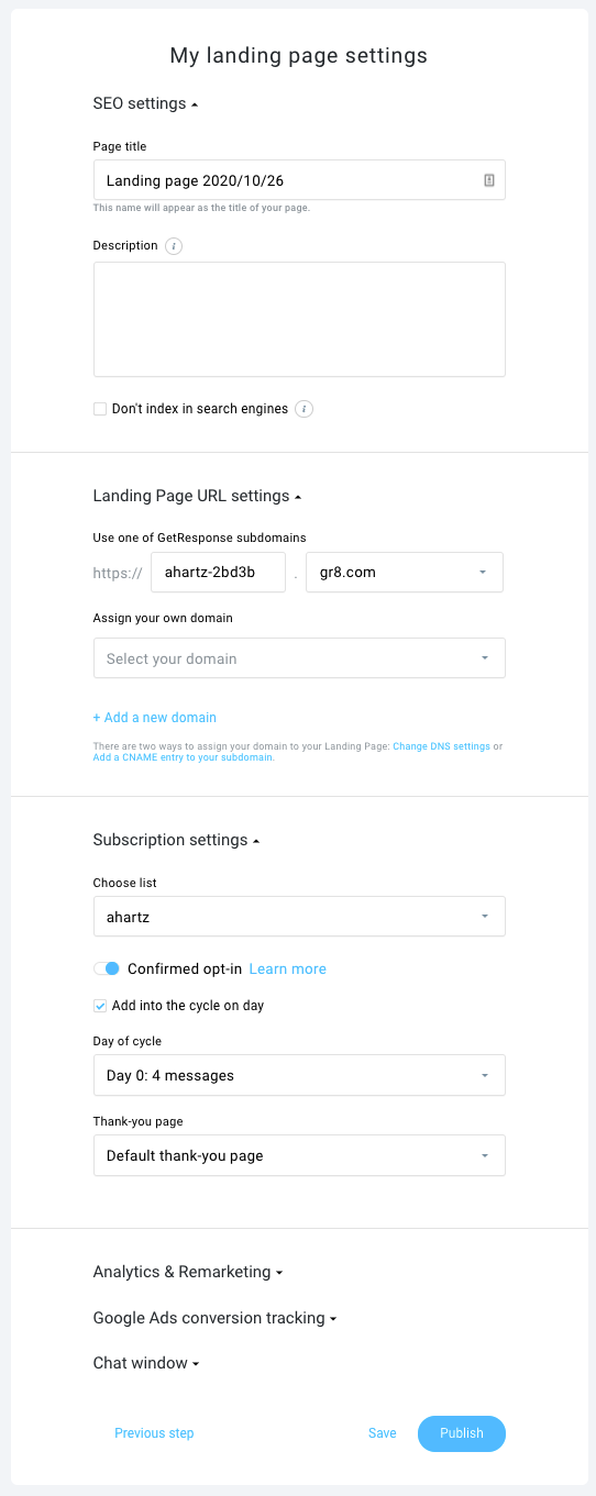 Landing page settings in GetResponse.