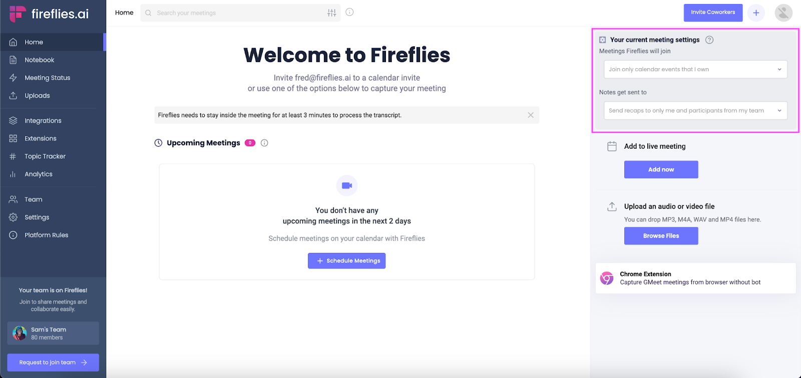 How to use Fireflies to share meeting recaps - Fireflies homepage dashboard