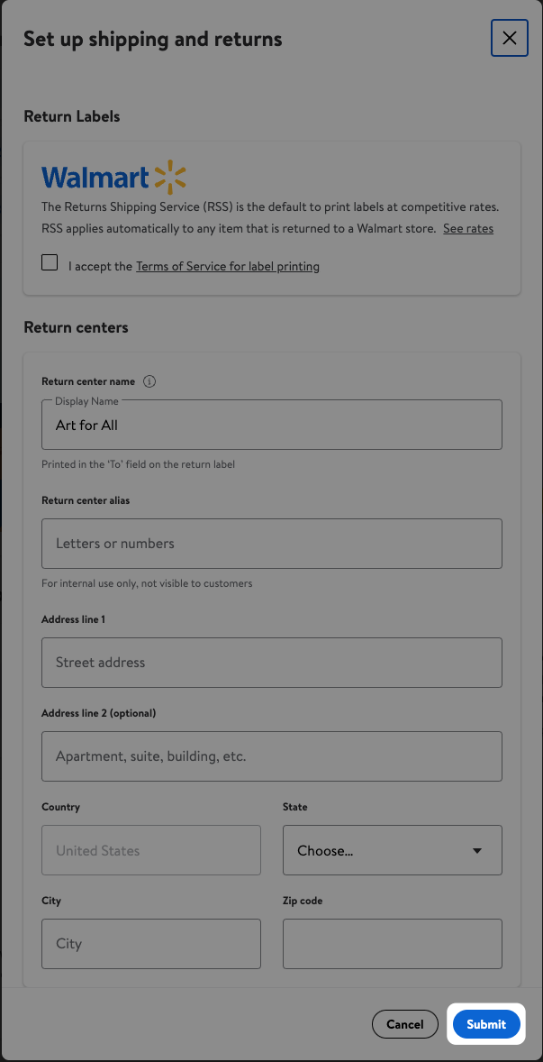 Return center options, with submit button highlighted