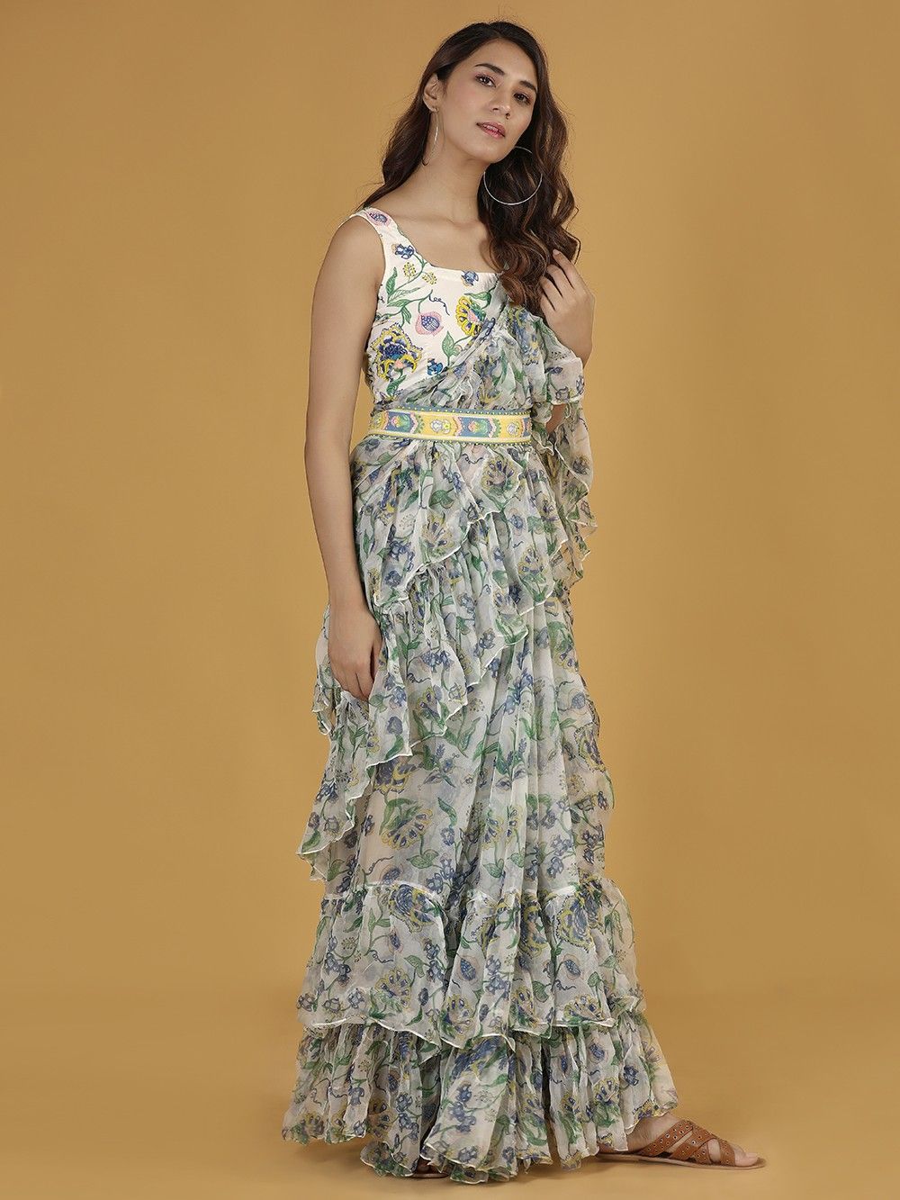 the loom - White Blue Printed Chiffon Ruffled Saree