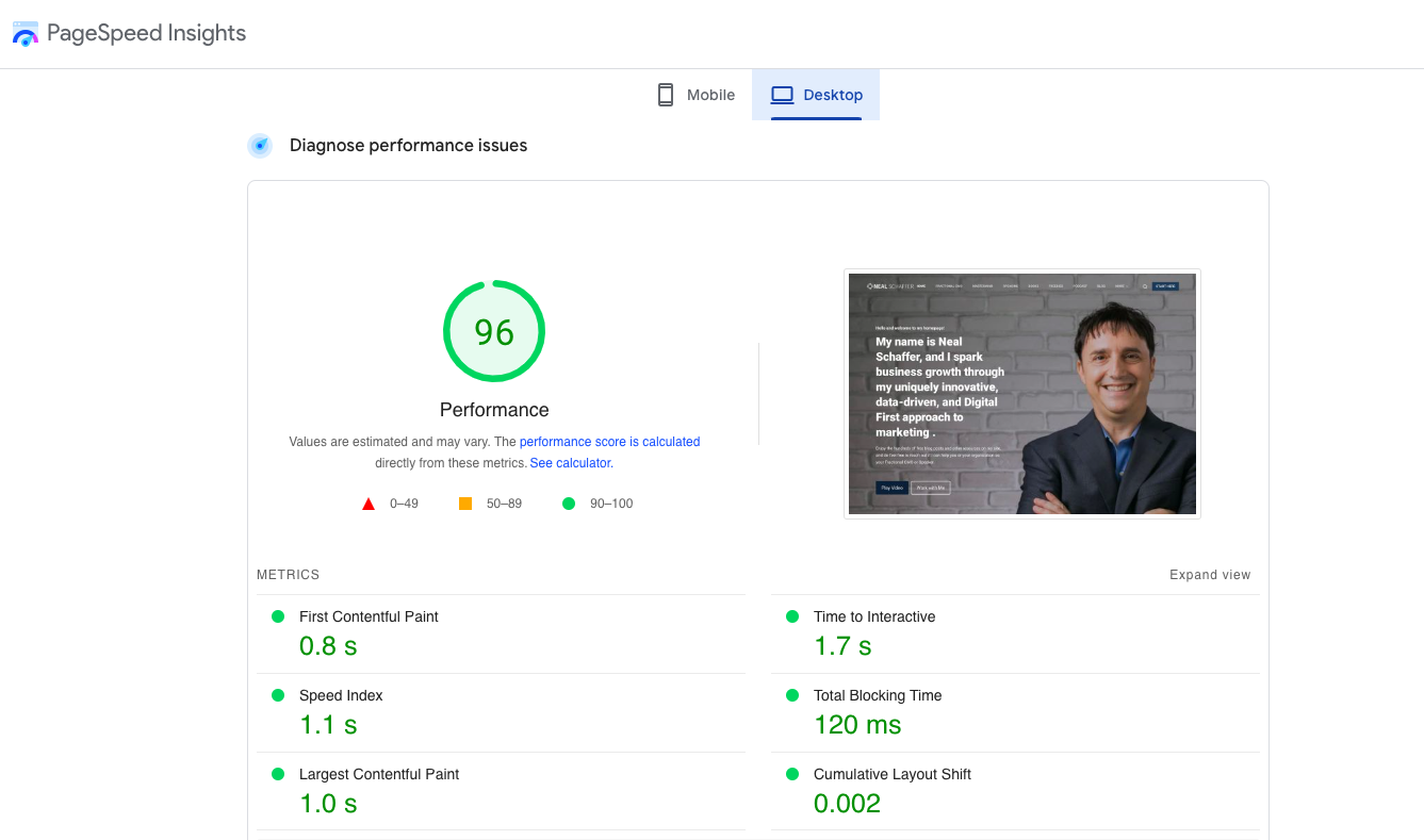 Page Speed Insights desktop 96% score