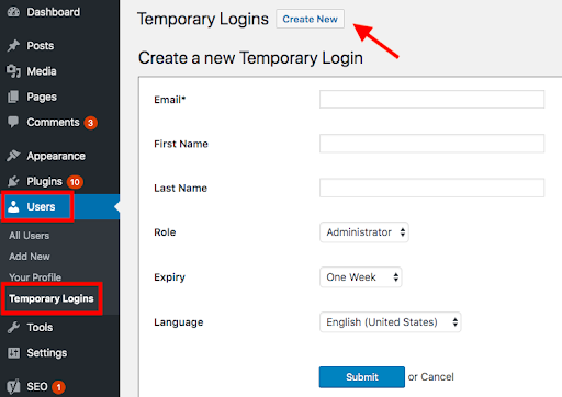 Create new temporary login