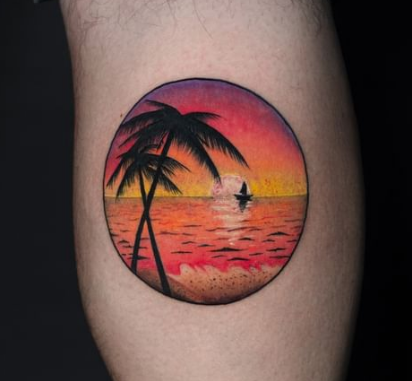 Colourful Boat & Palm Tree Circular Tattoo 