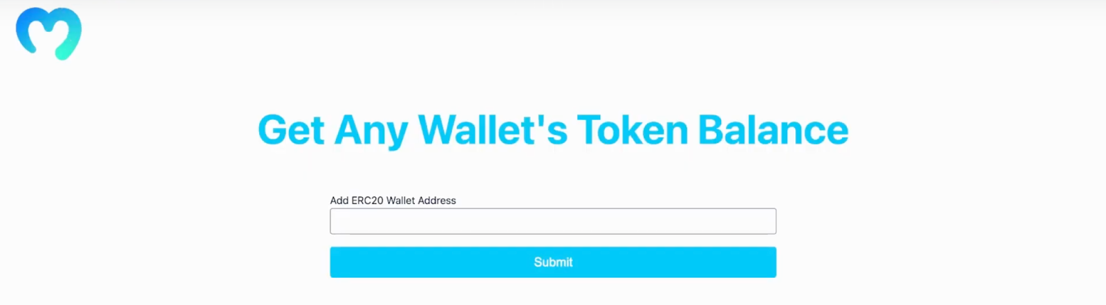 application landing page with the title get any wallets token balance