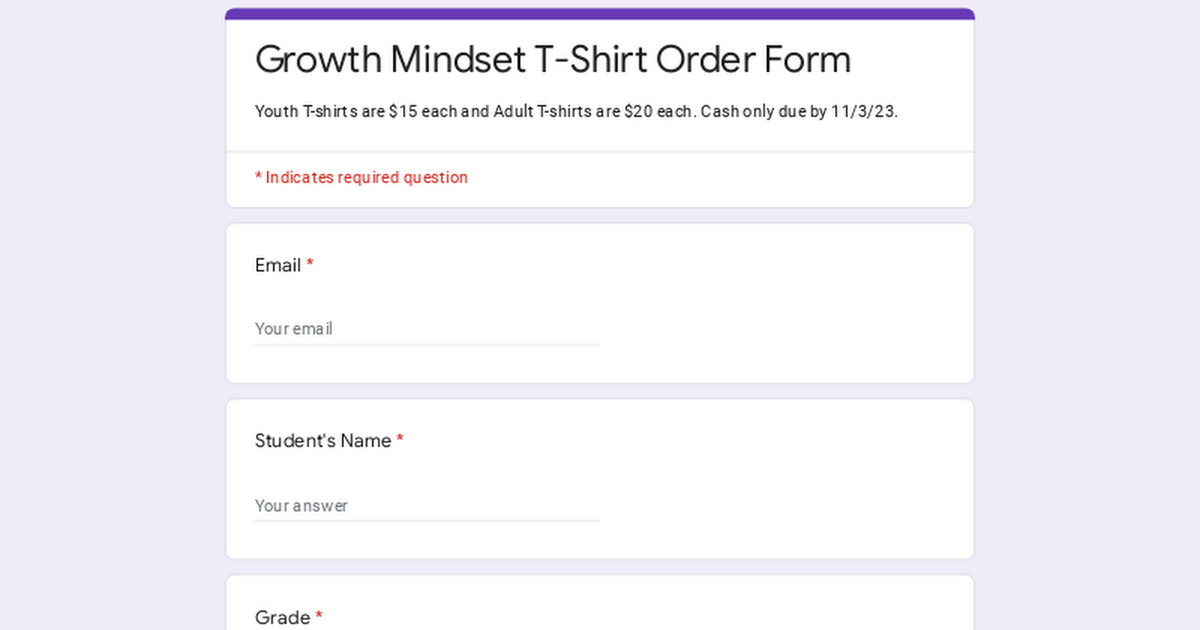 Growth Mindset T-Shirt Order Form