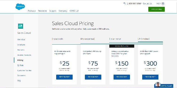 Página de precios de Sales Cloud