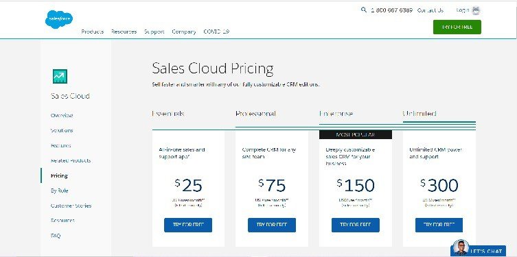 Página de precios de Sales Cloud