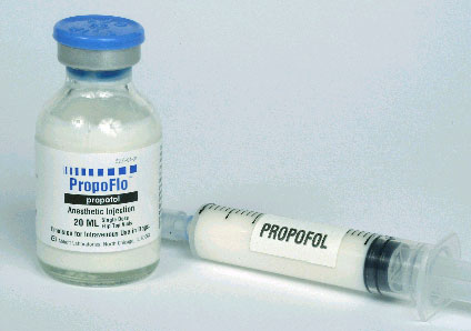 Propofol stored in a sterile vial, or if from an open ampoule, drawn into a sterile syringe and sealed