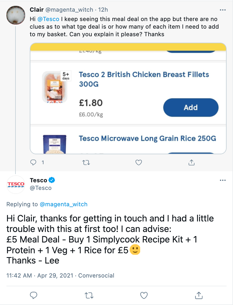 Tesco personalizing a Tweet response to a customer