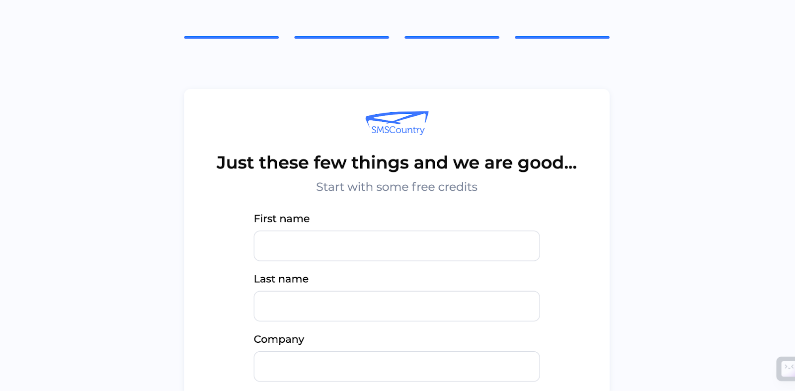 Twilio vs SMSCountry | registration form on SMSCountry showing spaces for names and other details