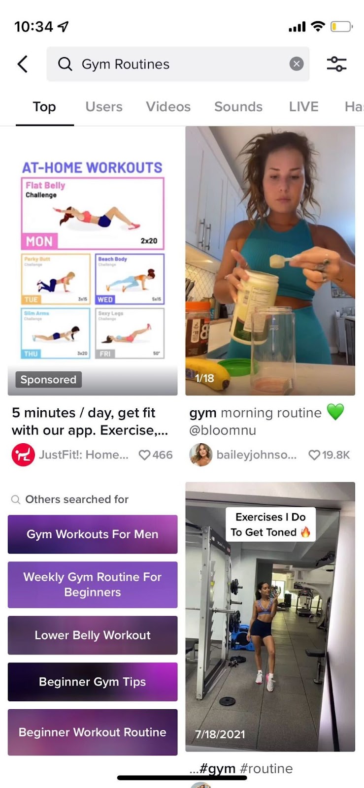 Screenshot of TikTok search results for "Gym Routines," which includes a sponsored result.