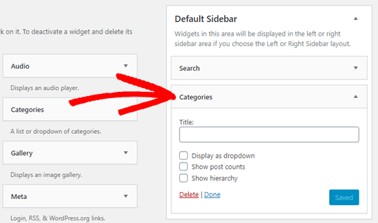 Arrastar e soltar o widget de categorias no lugar em sua barra lateral