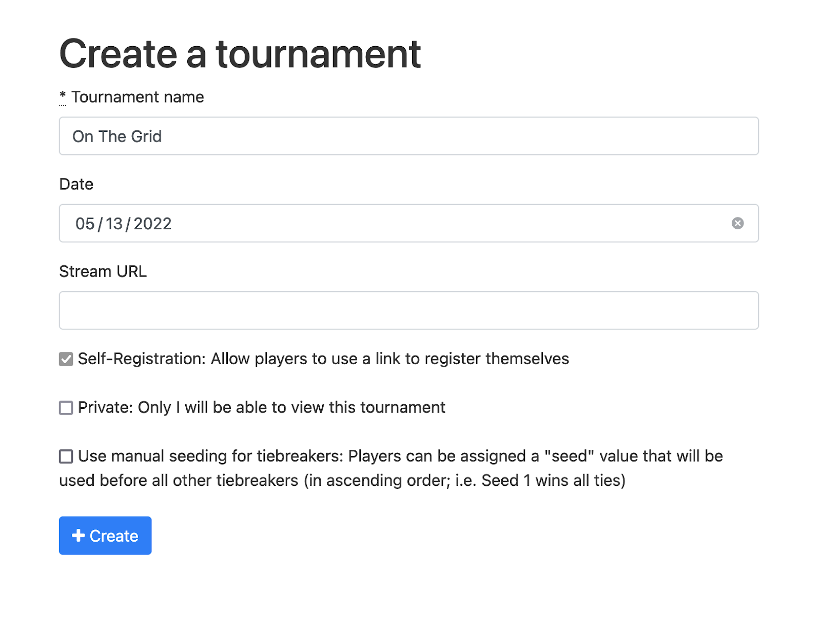 Cobra tournament creation screen options