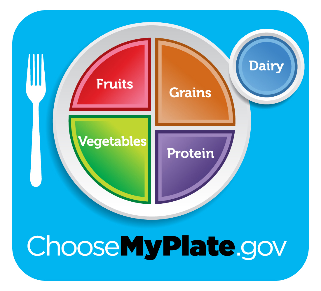The MyPlate image that illustrates the USDA food groups, and what proportions they should contribute; half the plate is fruit and vegetables and the other half grains and protein. There is also a side of dairy. 