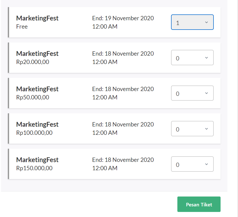 Pilih tiket yang ingin dipesan dan berapa jumlahnya